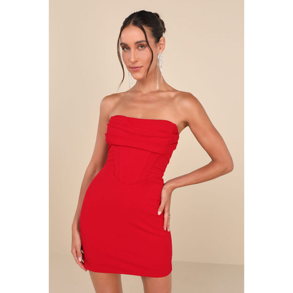 Lulus Dramatic Intent Red Strapless Corset Bodycon Mini Dress - Size M